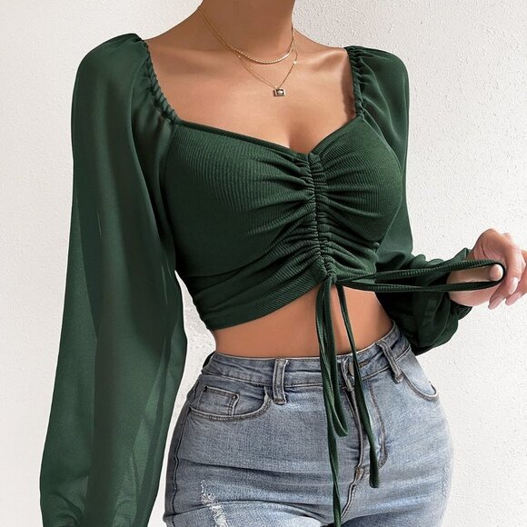 Dark Green Casual Women's Sweetheart Neck Drawstring Lantern Sleeve Crop Top - Picture 5 of 5